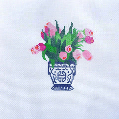 Ginger Jar Tulips 18 inch Hand Painted Canvas By Morningstar Stitch