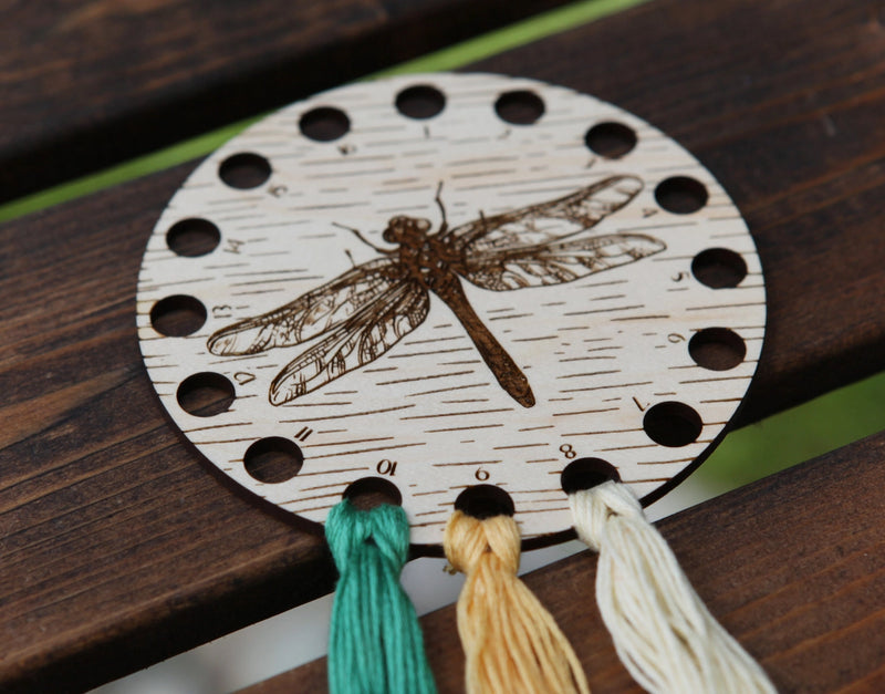 Dragonfly Maple Wood Circle Embroidery Floss Storage Holder From Sunrise Grove