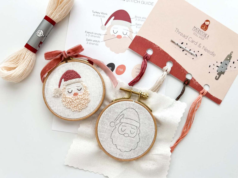 Santa Embroidery Kit, 3” Christmas Tree Ornament, Diy Craft- By Matryoshka Doll Shop Counted Cross Stitch Kit -  Great for a New Stitcher!