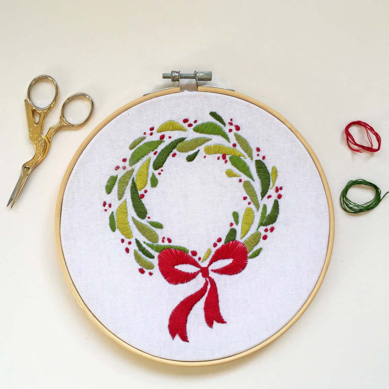 Christmas Wreath Embroidery Fabric Embroidery Stamped  Fabric By Cinnamon Stitching
