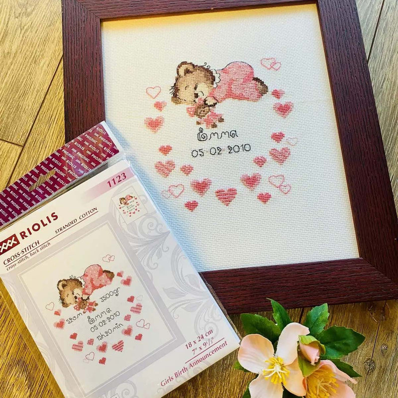 Girl Baby Bear Birth Announcement by Riolis Counted Cross Stitch Kit