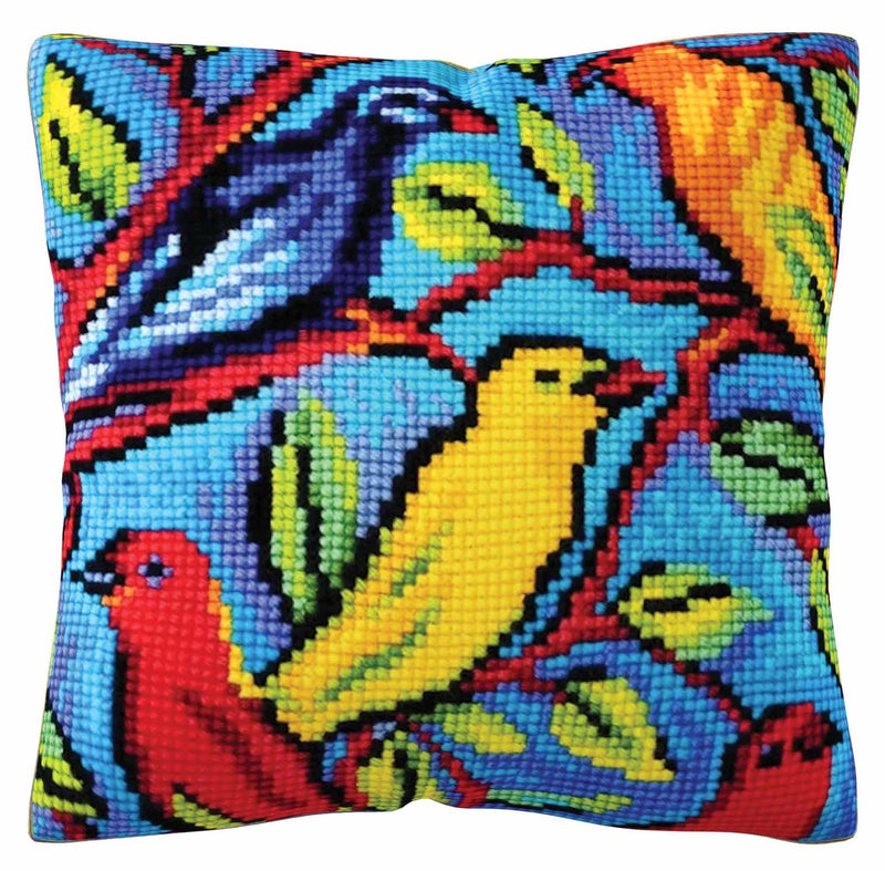 Needlepoint Pillow Kit Bird Colorful Birds - Needlepoint Stamped Needlepoint Kit 16x16"