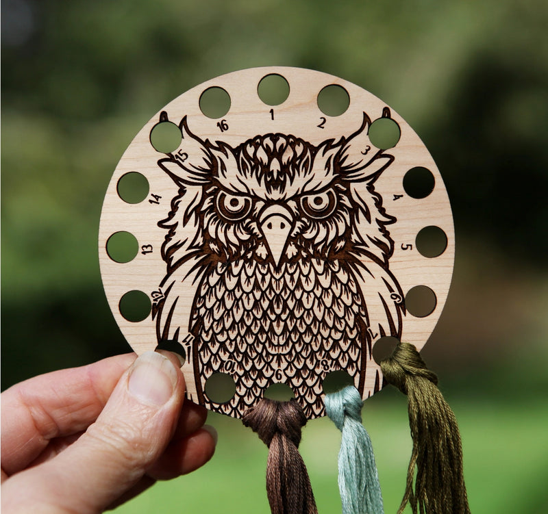 Round Cherry Wood Owl Embroidery Floss Storage Holder From Sunrise Grove