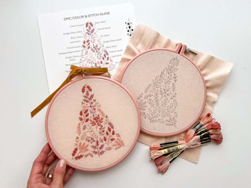 Pink Christmas Tree Embroidery Kit- By Matryoshka Doll Shop -  Great for a New Stitcher!