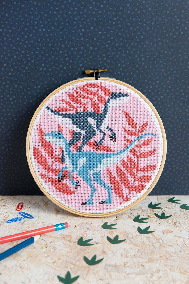 Velociraptors Cross Stitch Kit  Beginner Craft Kit From Hawthorn Handmade