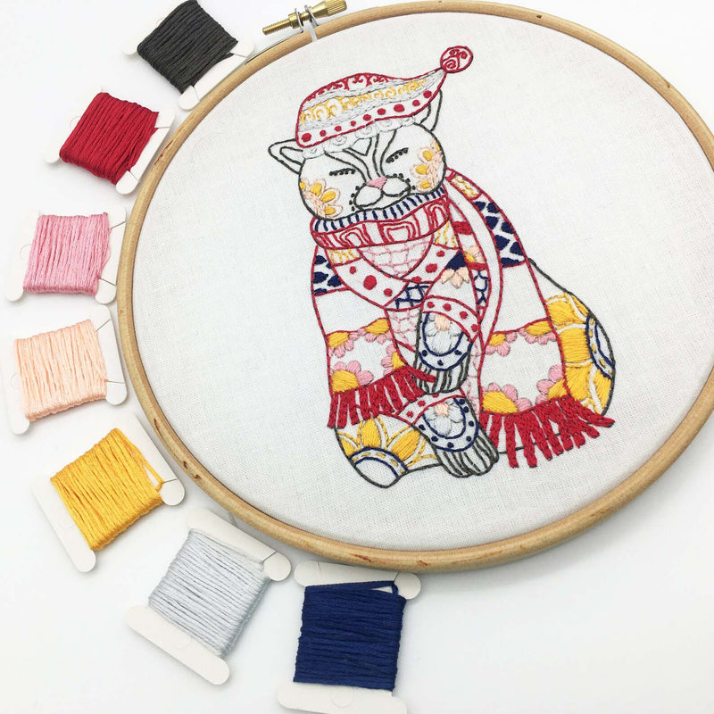 Christmas Cat Embroidery Fabric Embroidery Stamped  Fabric By Cinnamon Stitching