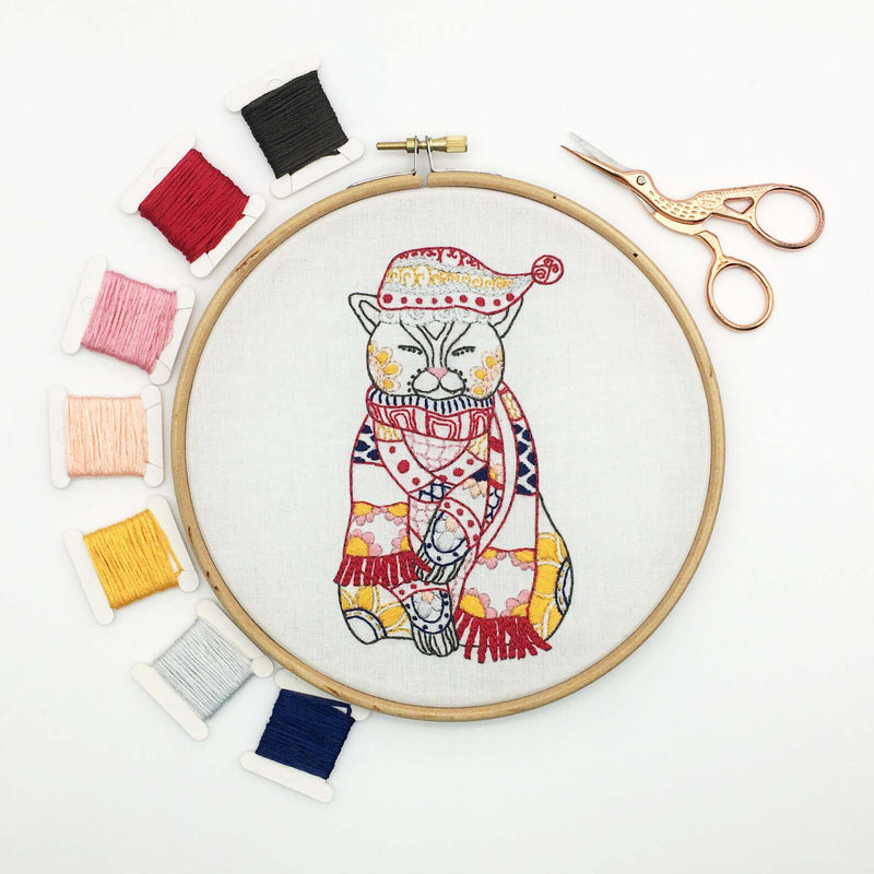 Christmas Cat Embroidery Fabric Embroidery Stamped  Fabric By Cinnamon Stitching