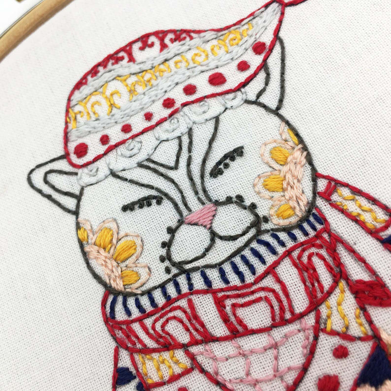 Christmas Cat Embroidery Fabric Embroidery Stamped  Fabric By Cinnamon Stitching