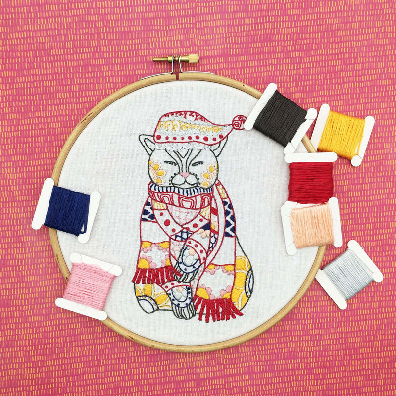 Christmas Cat Embroidery Fabric Embroidery Stamped  Fabric By Cinnamon Stitching