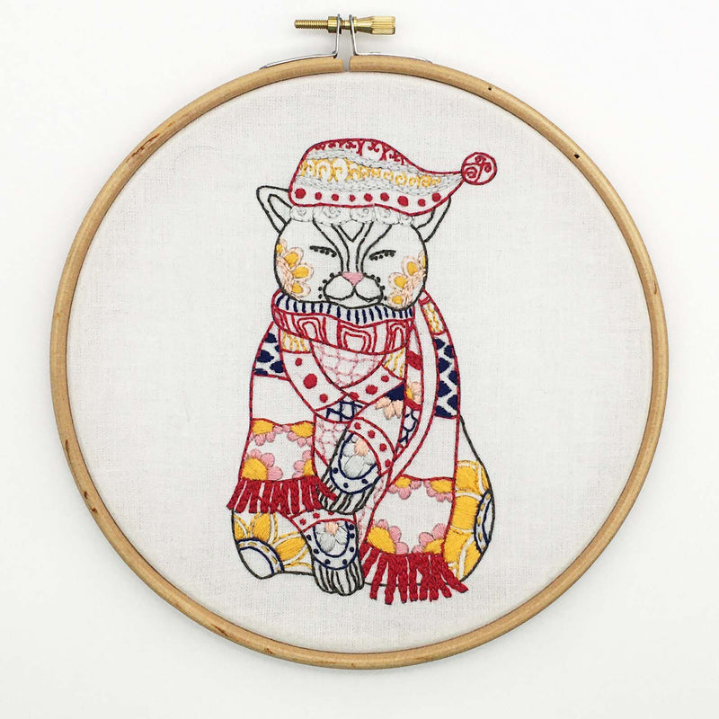 Christmas Cat Embroidery Fabric Embroidery Stamped  Fabric By Cinnamon Stitching